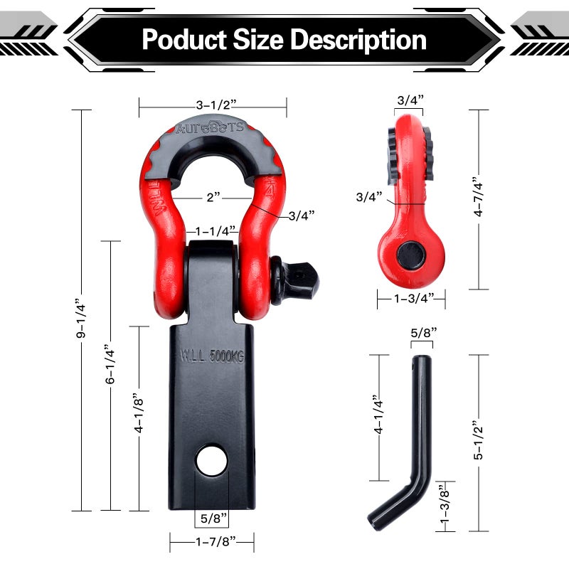 AUTOBOTS Shackle Hitch Receiver 2", 45,000 Lbs Break Strength Heavy Duty Receiver with 5/8" Screw Pin, 3/4" D Ring Shackles, Towing Accessories for Vehicle Recovery Off-Road, Red&Black - Image 3